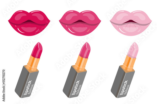 vector set of trendy shades of lipstick, juicy and plump lips, stylish makeup