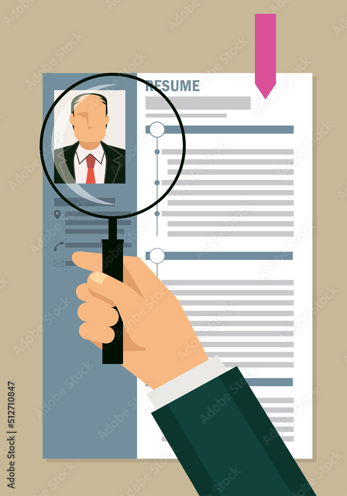 Obraz premium Illustrations to sort by looking at the resume with a magnifying glass. job hunting. Asian men