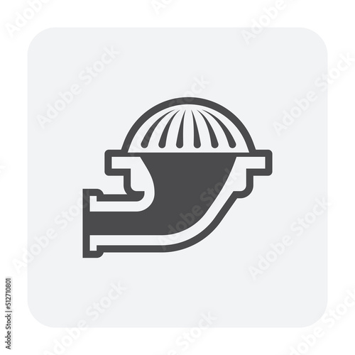 Commercial roof drain vector icon consist of cover dome strainer or guard, bowl, adapter, extension pipe for installation in drainage system to drain rain water from gutter, roof deck surface area.
