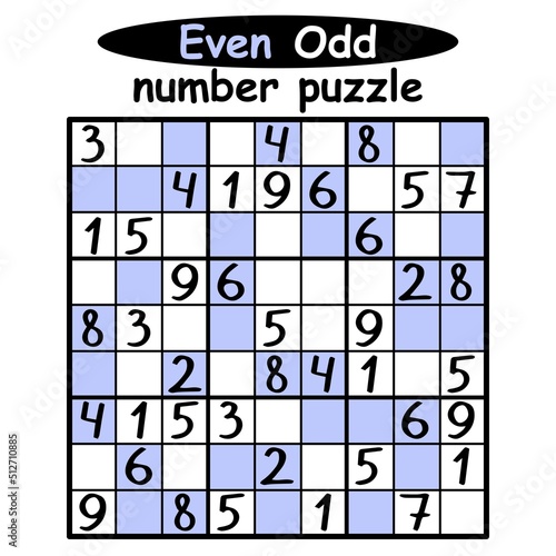 Even-Odd number puzzle for children vector illustration. Funny cartoon sudoku game with 1-9 numbers activity page. Complete the sudoku - place odd numbers on white cells and even numbers on blue cells