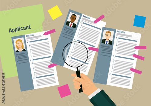 Illustrations to sort by looking at the resume with a magnifying glass and loupe. job hunting.