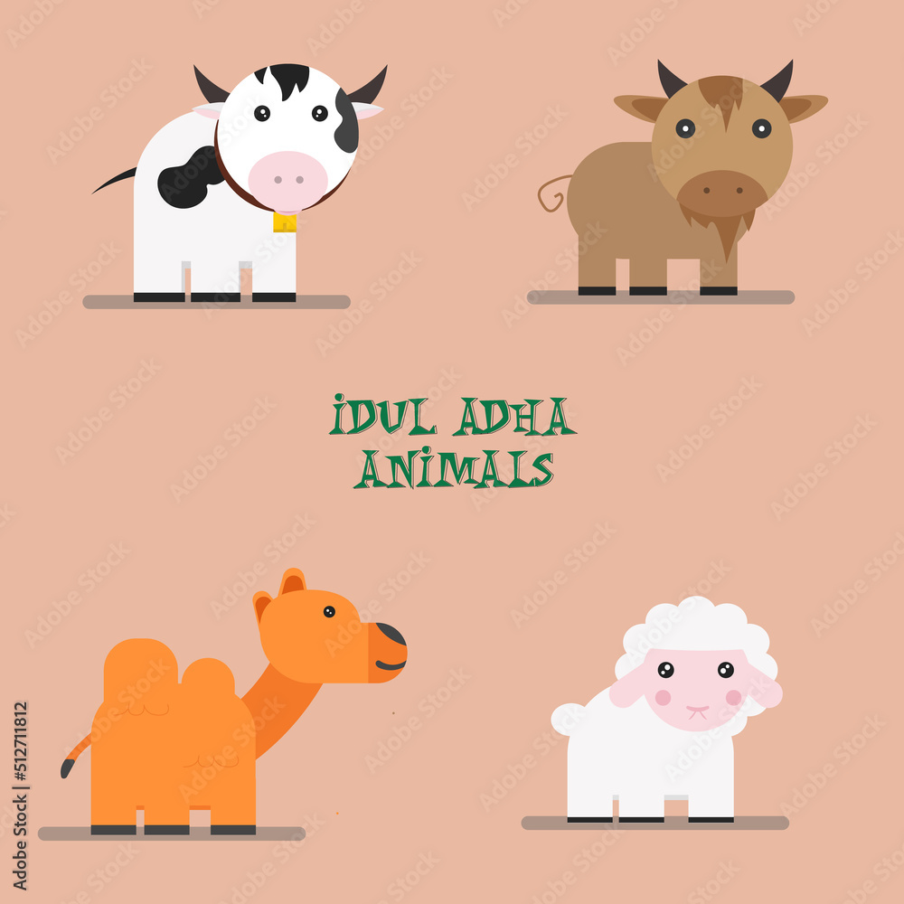 Obraz premium Happy Eid al-Adha collection of goat, cow, sheep cartoon concept animal sets suitable for greeting cards, posters, banners, etc.