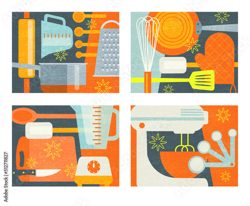Set of abstract kitchen designs. Cooking tools and appliances for food preparation. Modern culinary theme vector illustration for artwork, decor, social media, banners