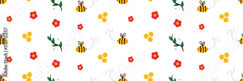 Wide horizontal vector seamless pattern background with  bees, honey combs and flowers for apiary and summer design.
