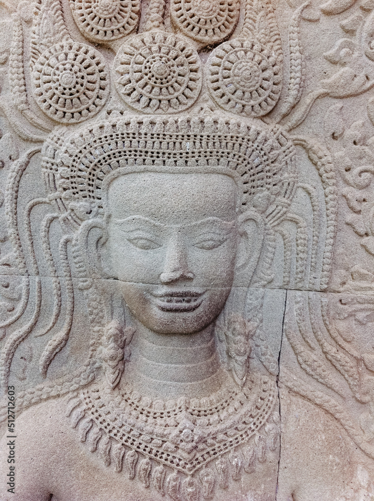 Apsara Angkor sculpture at Angkor Wat wall in Siemreap