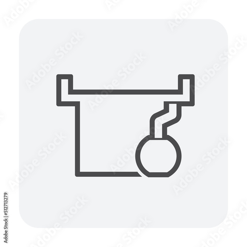 Rainwater harvesting, drainage and storage vector icon. Include downspout or downpipe, tank container, flat roof deck, exterior house building. To collection, storing rain water for drink, utilization