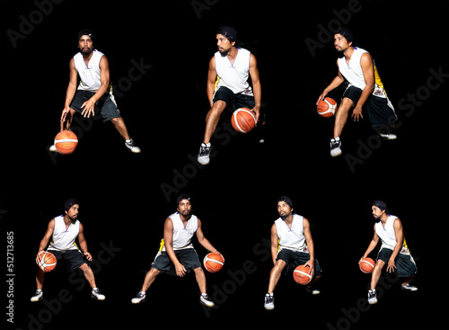 Gesture of Asian basketball player dribbling on black background. Basketball concept in Asia