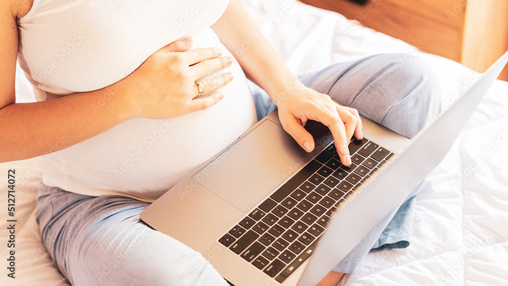 Fototapeta premium Pregnancy app laptop. Mobile pregnancy online maternity notebook application. Pregnant mother using digital computer. Concept of pregnancy, maternity, expectation for baby birth.