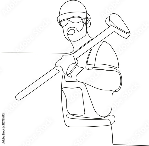 Close up of young Caucasian smiling worker with helmet on head using tablet for work while standing in warehouse. Vector illustration