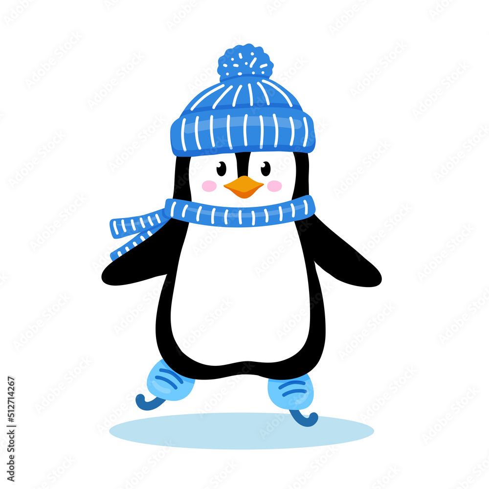 Naklejka premium Penguin in hat and scarf skates on ice in winter. Cute penguin skater isolated on white background. Childish vector character.