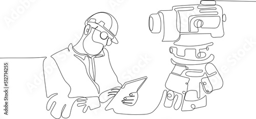 Close up of young Caucasian worker with helmet on head using tablet for work while standing in warehouse. Surveyor with a tripod icon. Geodesic tripod. Vector illustration