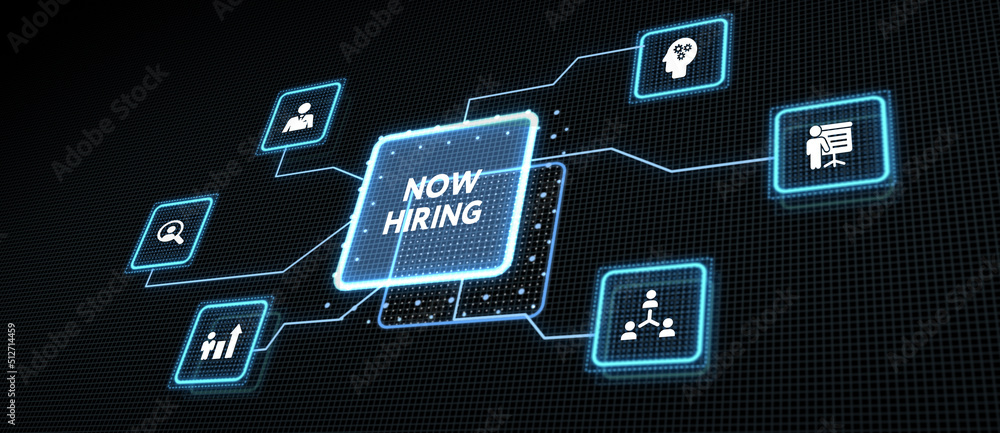 Business, Technology, Internet and network concept. NOW HIRING inscription, modern technology business concept. Business, Technology, Internet and network concept. NOW HIRING inscription, modern technology business concept.