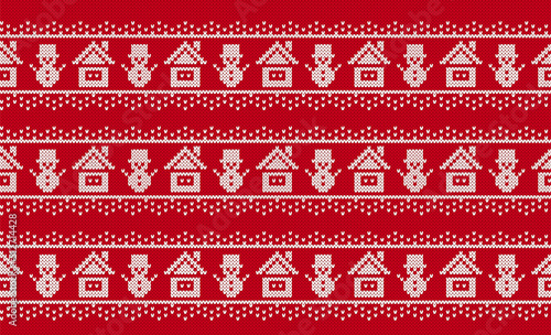 Christmas red background with house and snowman. Knit seamless border. Vector. Xmas geometric pattern. Knitted sweater print. Holiday fair isle traditional texture. Festive winter ornament.