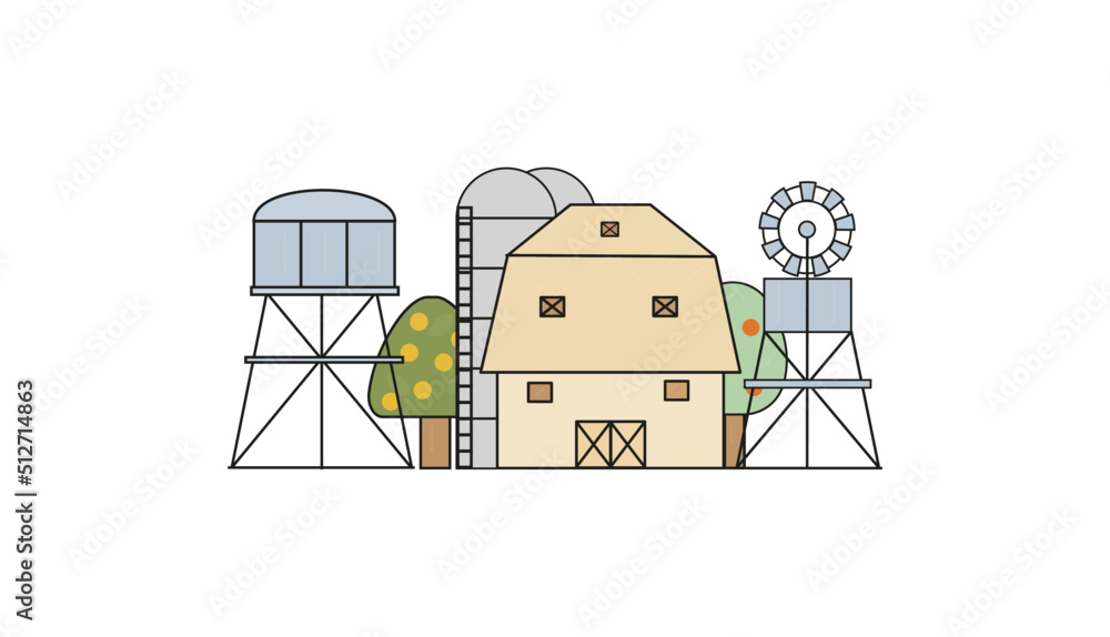 barn, silo , water tower, windmill vector flat illustation barn, silo , water tower, windmill vector flat illustation
