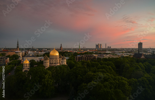 Beautiful summer sunset over the central district of Riga, with view to Freedom Monument, Old town and Cathedral. Landmarks of Latvia. © Dragoș Asaftei