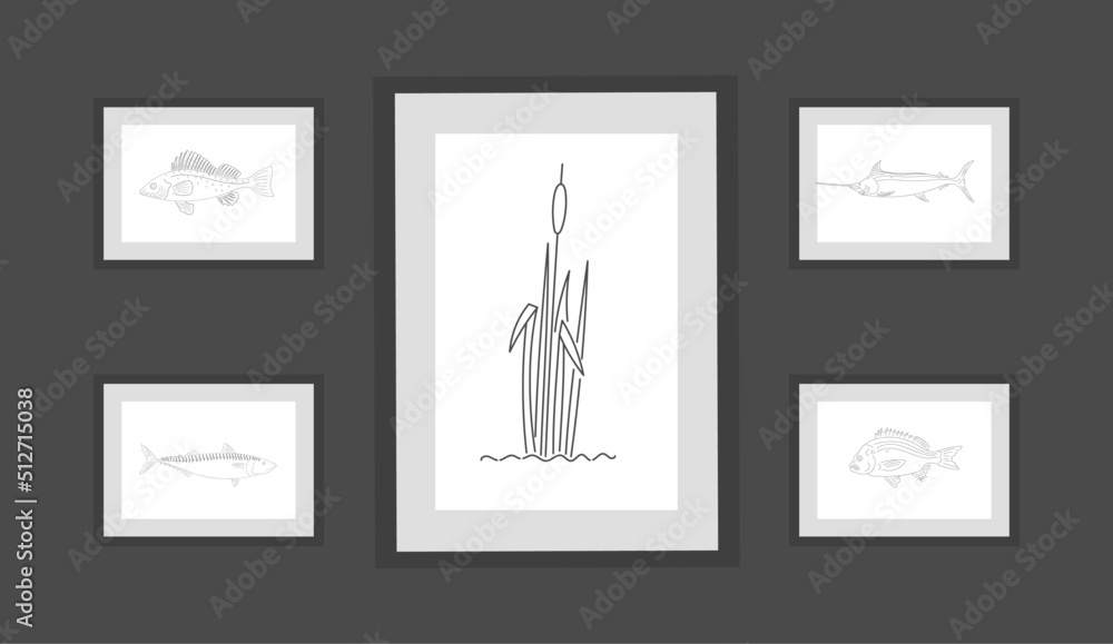 fishes and reedmace vector background illustration set fishes and reedmace vector background illustration set