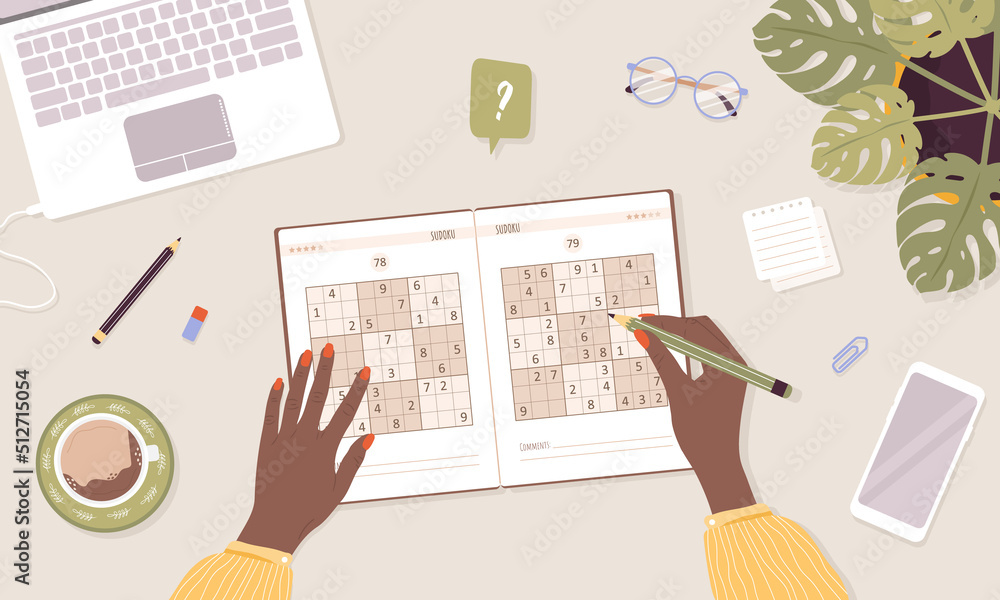 Obraz premium Sudoku game. Learning and leisure concept. African woman solves crossword puzzle. Top view workplace. Task for development of logical thinking and training brain. Vector illustration in cartoon style.