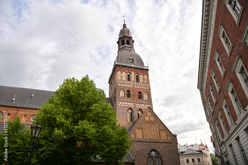 Riga Cathedral architectural landmarks medieval building during a beautiful summer sunset. Travel to Latvia.