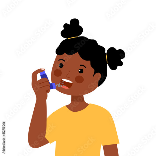 African girl child using asthma inhaler against allergic attack in flat design. Breathing treatment.