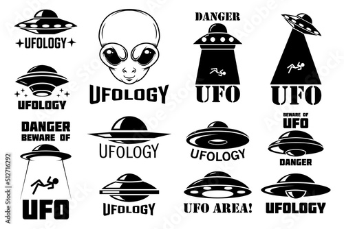 Set of emblems with ufo, alien. Ufology signs. Vector illustration