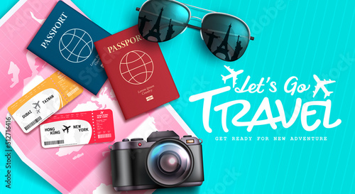 Travel vector background design. Let's go travel text with passport, ticket and map elements for tourist travelling adventure. Vector illustration.

