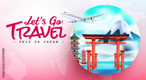 Travel japan vector design. Let's go travel to japan text with country landmark, nature and structure elements in pink background for international travelling adventure. Vector illustration.
