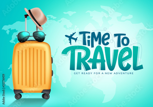 Travel time vector background design. Time to travel text with 3d luggage bag, sunglasses and hat tourist elements for fun and enjoy travelling. Vector illustration.

