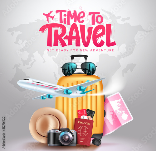Travel time vector concept design. Time to travel text in map background with luggage, airplane and passport tour elements for fun and enjoy travelling adventure. Vector illustration.
 photo