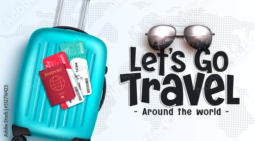 Travel vector background design. Let's go travel typography text with luggage bag and ticket elements  in map pattern decoration for worldwide fun and enjoy travelling. Vector illustration.
