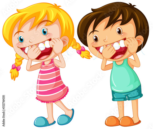 Cute kids cartoon character flossing teeth