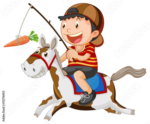 Boy riding a horse fishing a carrot
