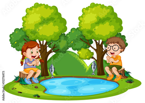 Happy children fishing in pond