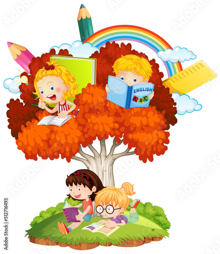Children with tree on white background