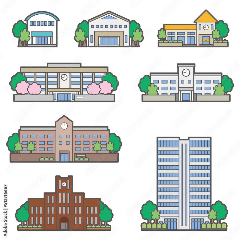 様々な建物の正面図のイラスト. 様々な建物の正面図のイラスト.