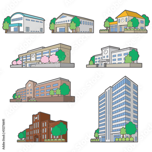 様々な建物の透視図のイラスト.