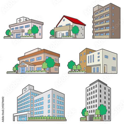様々な建物の透視図のイラスト.