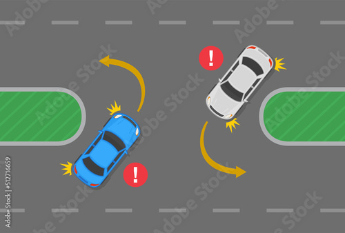 Safety car driving tips and traffic regulation rules. Wrong u-turn position on the road. Left turn when there is a median. Flat vector illustration template.