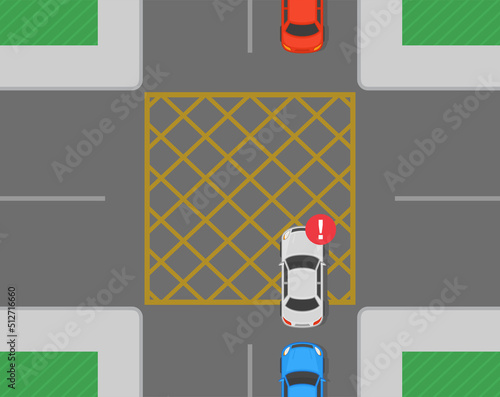 Safety car driving tips and traffic regulation rules. Yellow box junction rule. Wrong position on the junction road. Flat vector illustration template.