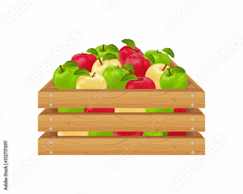 Apples. Ripe apples in a wooden box. A box with colorful apples. Ripe fruit. Organic vegetarian products. Farm products. Vector illustration isolated on a white background