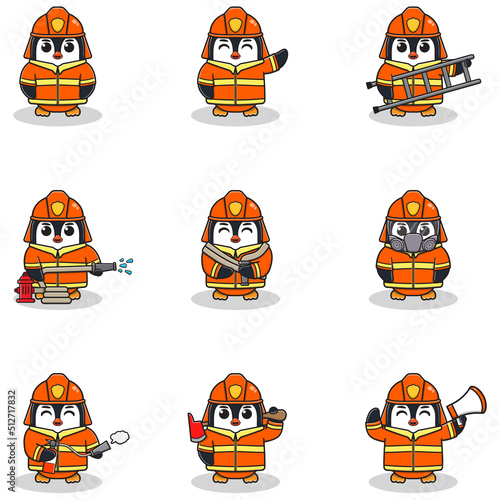 Vector Illustration of Penguin cartoon with Firefighter costume. Set of cute Penguin characters. Collection of funny Penguin isolated on a white background.