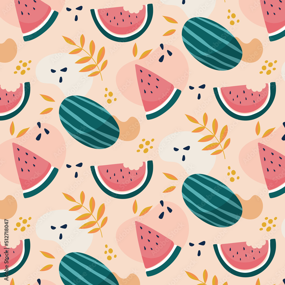 Vector watermelon fruit seamless pattern. Fresh illustration in trendy colors. Great for fabric and wallpaper.