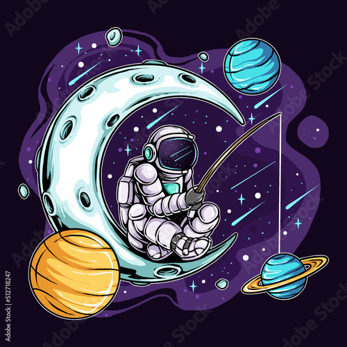 Astronaut Fishing on the Moon in Space Between the Planets