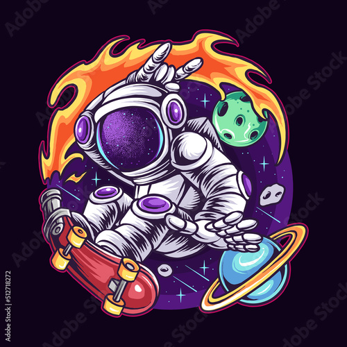 Astronaut Skateboarding In Space Between Planets and Stars