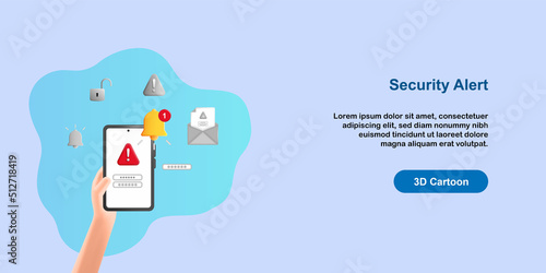 3D cartoon style vector design illustration. Password username id warning notification. Hand holding smartphone with bell, danger, padlock, email sign symbol