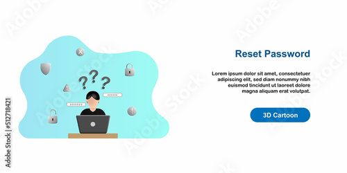 3D cartoon style vector design illustration. Forgot loss password to login, men character on desk with notebook laptop, padlock, shield, warning sign symbol