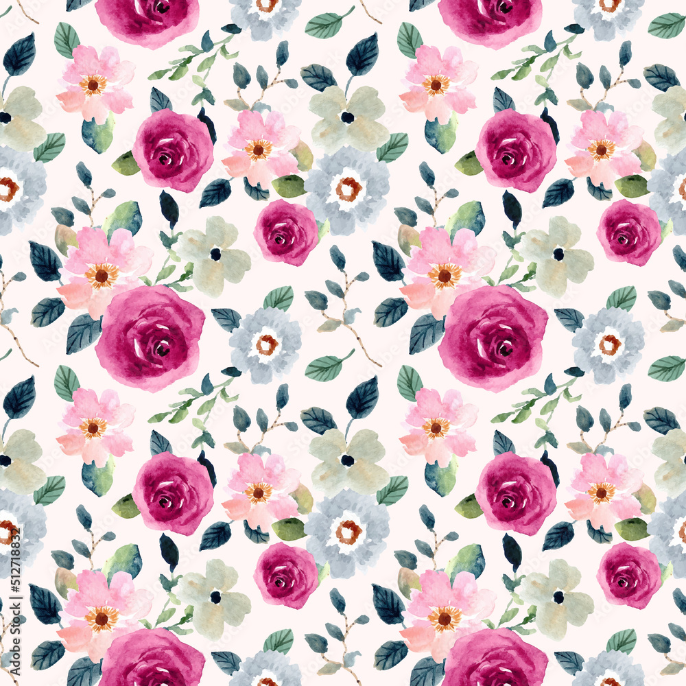 Elegant watercolor pattern with pink and blue flowers