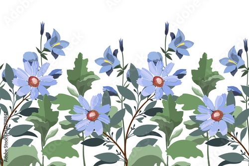 Vector floral seamless pattern, border. Horizontal panoramic design with blue bellflowers and gaillardia, twigs and leaves on a white background.