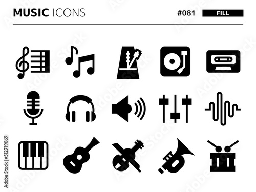 音楽に関連する塗りつぶしスタイルのアイコンセット_081