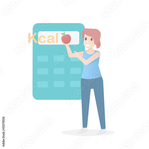 Diet and Exercise,Calculate and control calories,young female in wear workout standing holding apple on hand,Weight loss success,healthy food low kcal,Vector illustration.