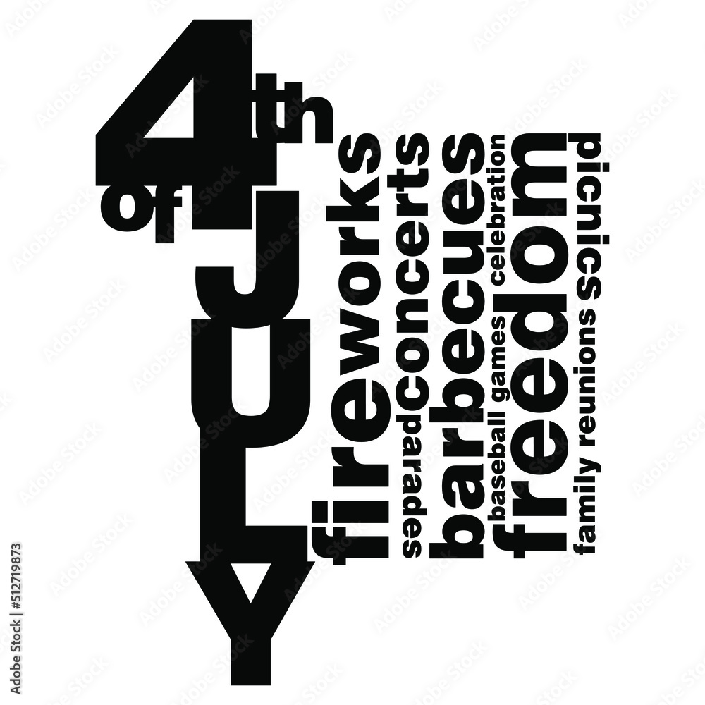 An abstract typographic vector poster illustration for the Fourth of July in black on an isolated white background An abstract typographic vector poster illustration for the Fourth of July in black on an isolated white background